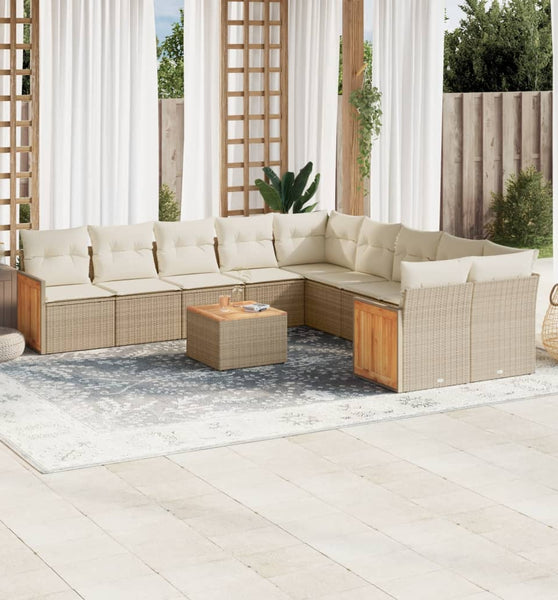 11-tlg. Garten-Sofagarnitur mit Kissen Beige Poly Rattan