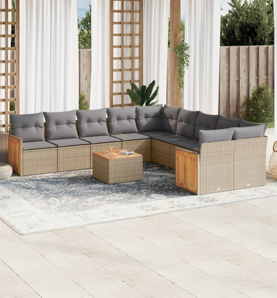 11-tlg. Garten-Sofagarnitur mit Kissen Beige Poly Rattan