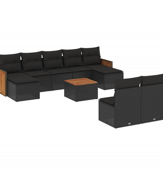 10-tlg. Garten-Sofagarnitur mit Kissen Schwarz Poly Rattan