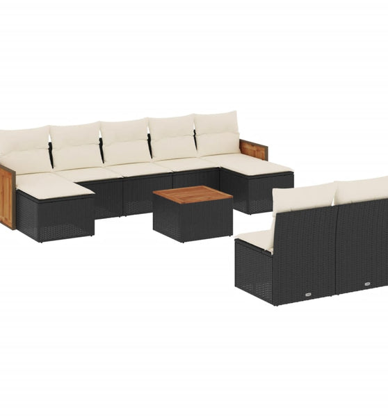 10-tlg. Garten-Sofagarnitur mit Kissen Schwarz Poly Rattan