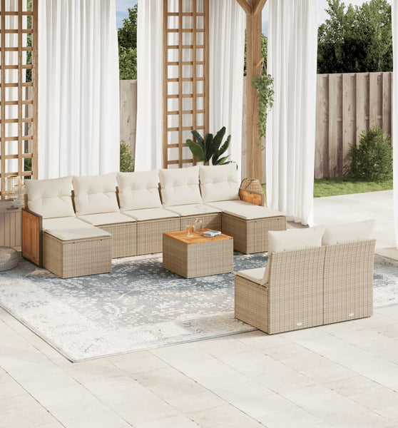 10-tlg. Garten-Sofagarnitur mit Kissen Beige Poly Rattan