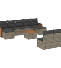 10-tlg. Garten-Sofagarnitur mit Kissen Grau Poly Rattan