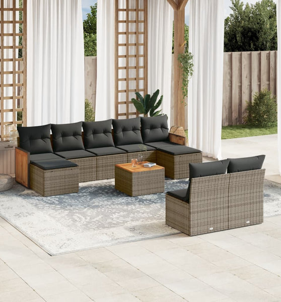 10-tlg. Garten-Sofagarnitur mit Kissen Grau Poly Rattan