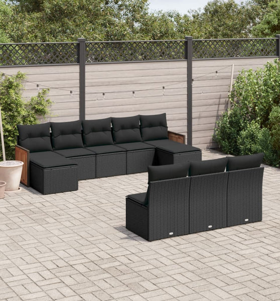10-tlg. Garten-Sofagarnitur mit Kissen Schwarz Poly Rattan