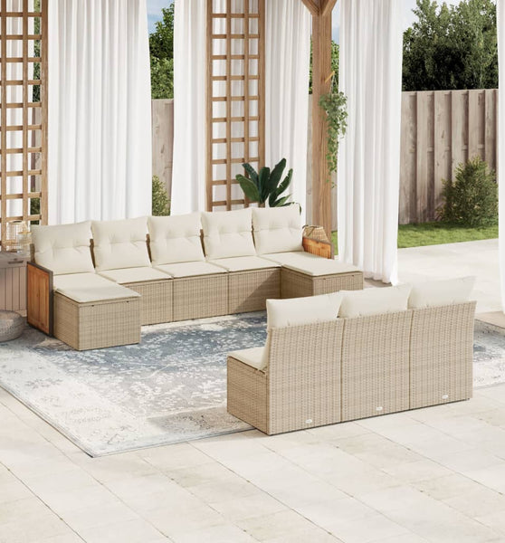 10-tlg. Garten-Sofagarnitur mit Kissen Beige Poly Rattan