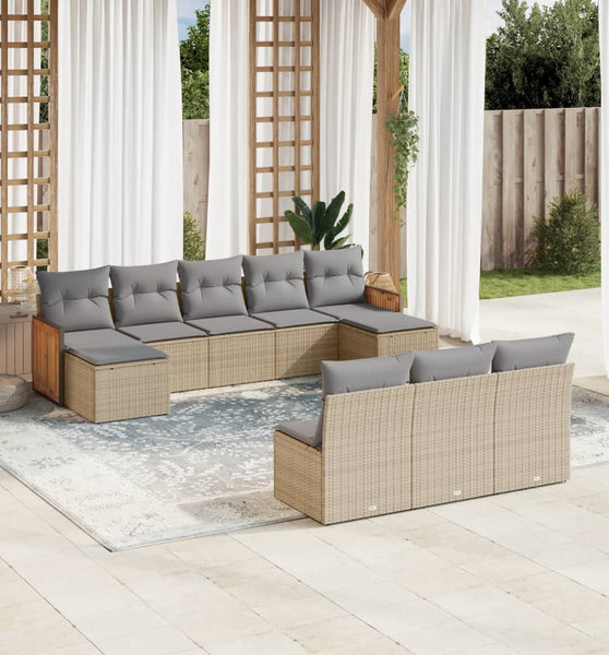 10-tlg. Garten-Sofagarnitur mit Kissen Beige Poly Rattan