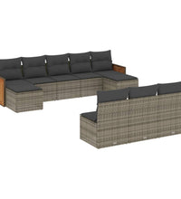 10-tlg. Garten-Sofagarnitur mit Kissen Grau Poly Rattan