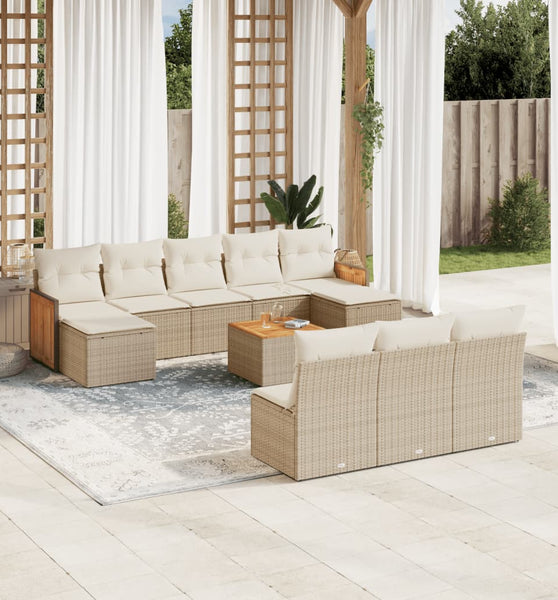11-tlg. Garten-Sofagarnitur mit Kissen Beige Poly Rattan