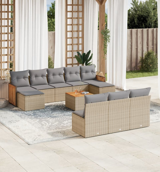 11-tlg. Garten-Sofagarnitur mit Kissen Beige Poly Rattan