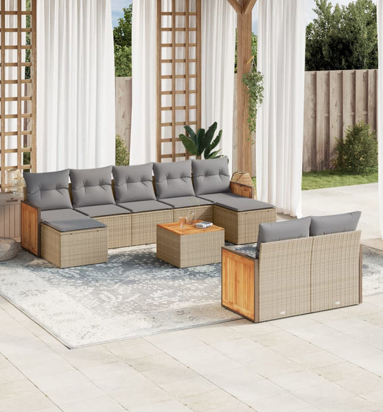 10-tlg. Garten-Sofagarnitur mit Kissen Beige Poly Rattan