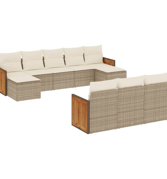 10-tlg. Garten-Sofagarnitur mit Kissen Beige Poly Rattan