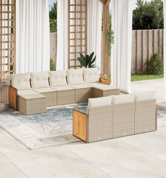 10-tlg. Garten-Sofagarnitur mit Kissen Beige Poly Rattan