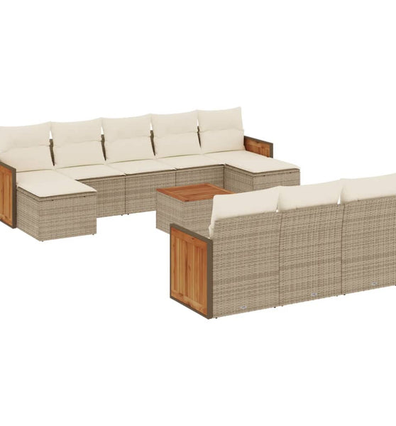 11-tlg. Garten-Sofagarnitur mit Kissen Beige Poly Rattan