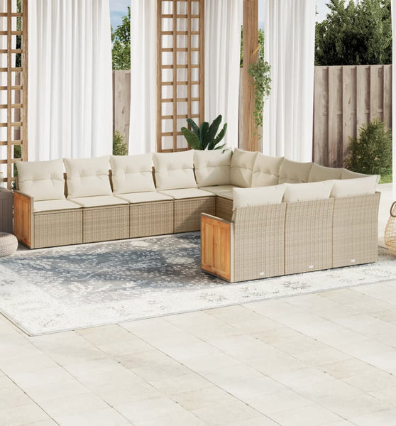 11-tlg. Garten-Sofagarnitur mit Kissen Beige Poly Rattan