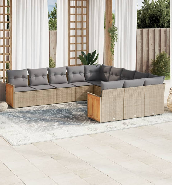 11-tlg. Garten-Sofagarnitur mit Kissen Beige Poly Rattan