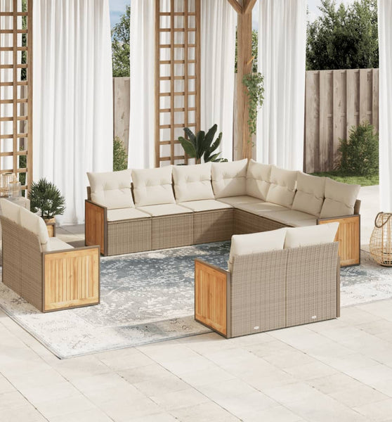 11-tlg. Garten-Sofagarnitur mit Kissen Beige Poly Rattan