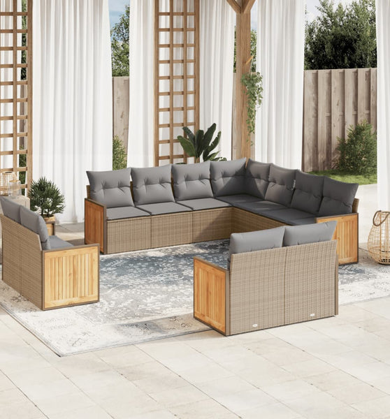 11-tlg. Garten-Sofagarnitur mit Kissen Beige Poly Rattan