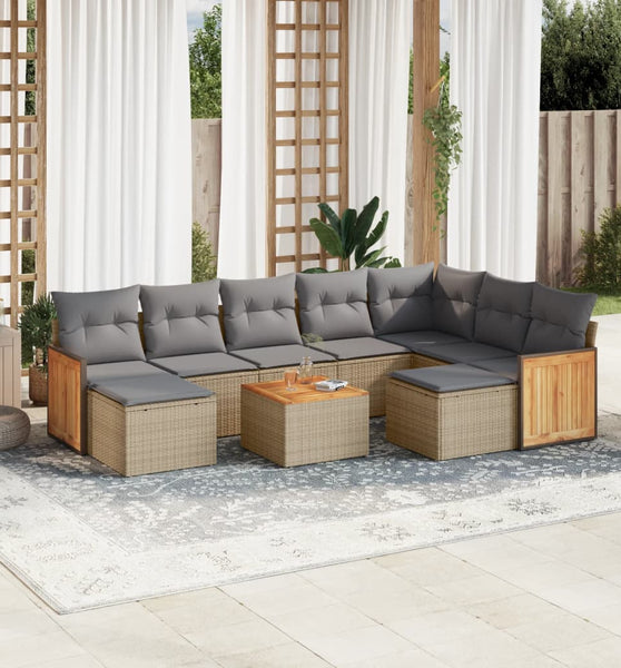 10-tlg. Garten-Sofagarnitur mit Kissen Beige Poly Rattan