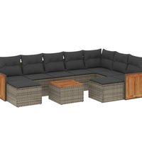 10-tlg. Garten-Sofagarnitur mit Kissen Grau Poly Rattan