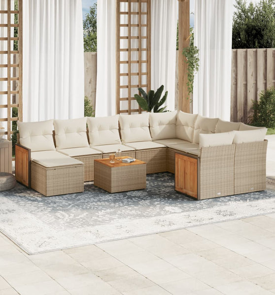11-tlg. Garten-Sofagarnitur mit Kissen Beige Poly Rattan