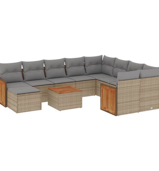 11-tlg. Garten-Sofagarnitur mit Kissen Beige Poly Rattan