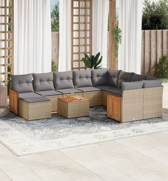 11-tlg. Garten-Sofagarnitur mit Kissen Beige Poly Rattan