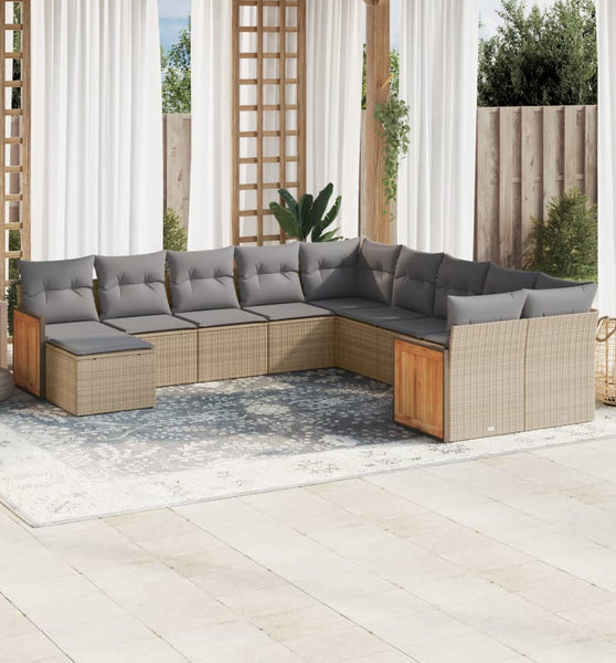 11-tlg. Garten-Sofagarnitur mit Kissen Beige Poly Rattan