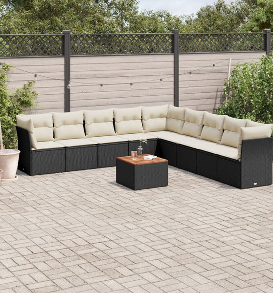 10-tlg. Garten-Sofagarnitur mit Kissen Schwarz Poly Rattan