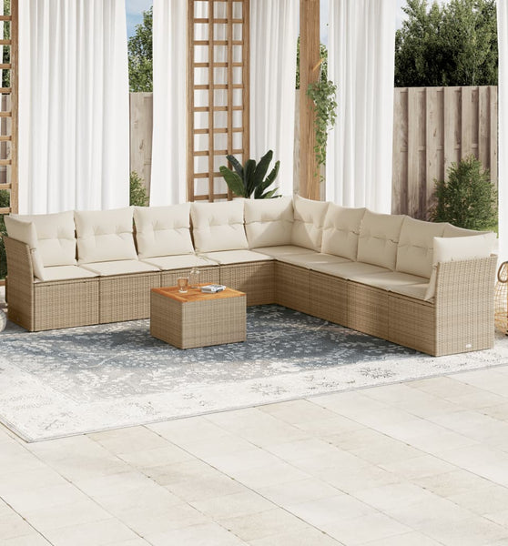 10-tlg. Garten-Sofagarnitur mit Kissen Beige Poly Rattan