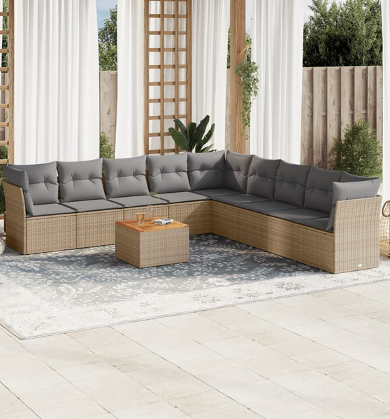 10-tlg. Garten-Sofagarnitur mit Kissen Beige Poly Rattan