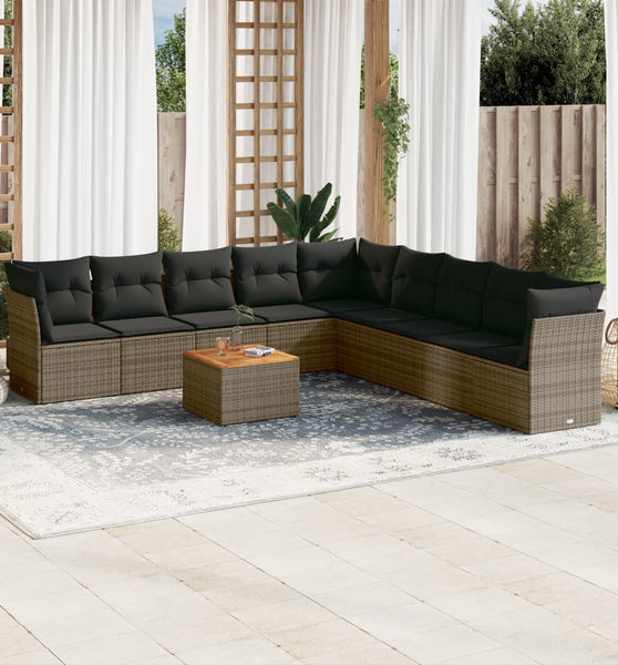 10-tlg. Garten-Sofagarnitur mit Kissen Grau Poly Rattan