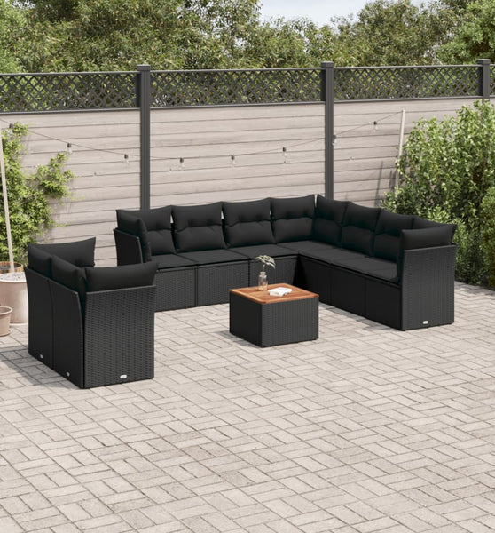 10-tlg. Garten-Sofagarnitur mit Kissen Schwarz Poly Rattan