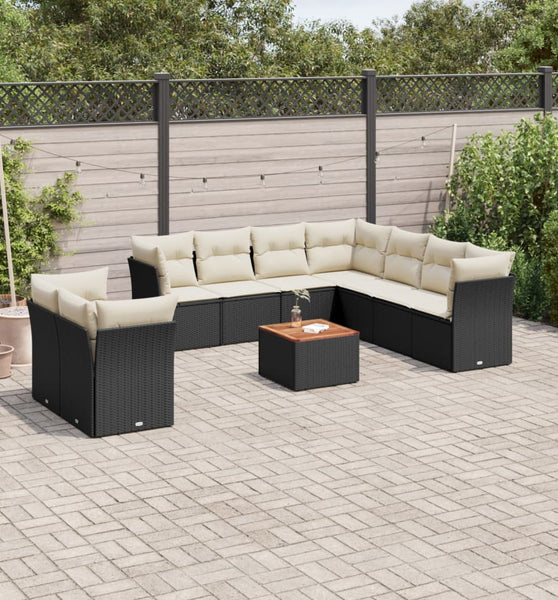 10-tlg. Garten-Sofagarnitur mit Kissen Schwarz Poly Rattan