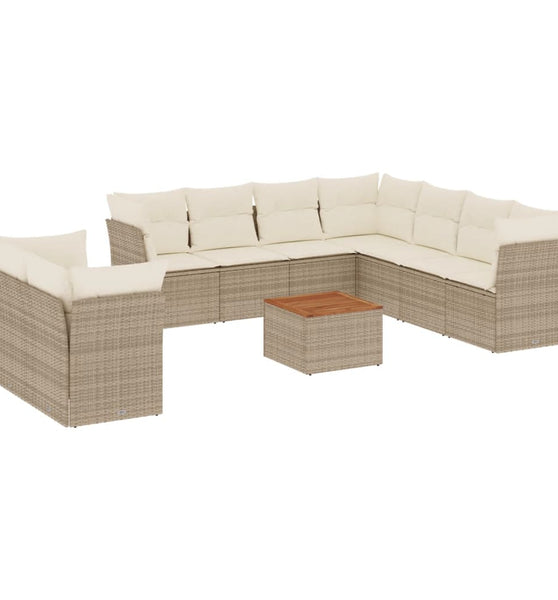 10-tlg. Garten-Sofagarnitur mit Kissen Beige Poly Rattan