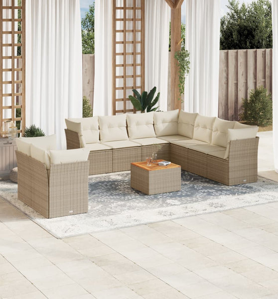 10-tlg. Garten-Sofagarnitur mit Kissen Beige Poly Rattan