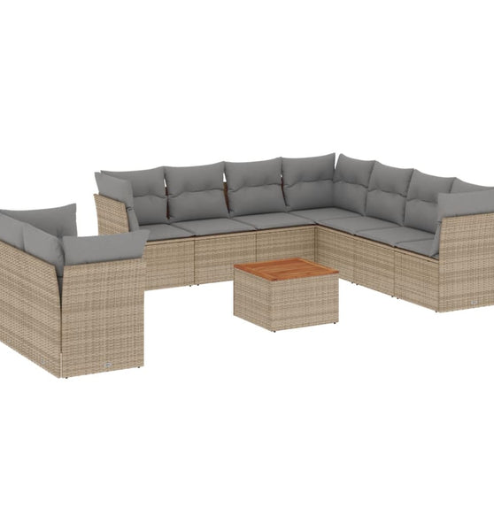10-tlg. Garten-Sofagarnitur mit Kissen Beige Poly Rattan