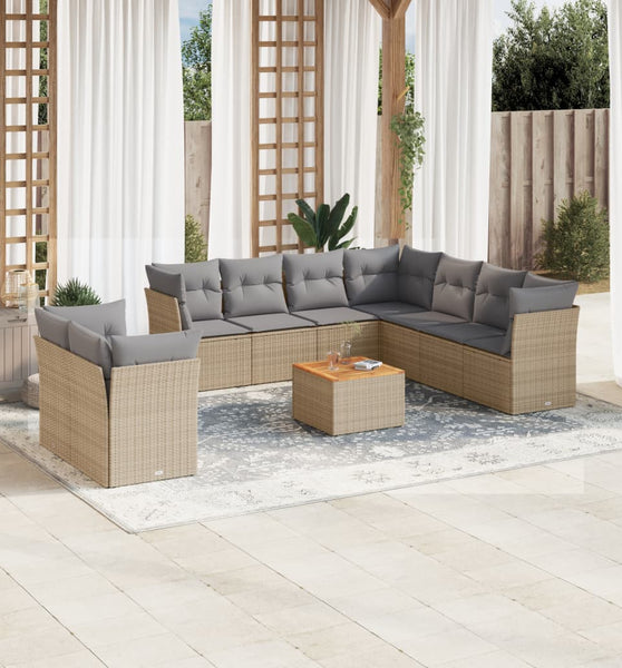 10-tlg. Garten-Sofagarnitur mit Kissen Beige Poly Rattan