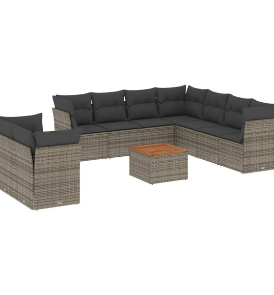 10-tlg. Garten-Sofagarnitur mit Kissen Grau Poly Rattan
