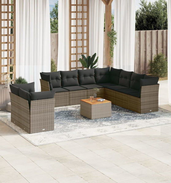 10-tlg. Garten-Sofagarnitur mit Kissen Grau Poly Rattan