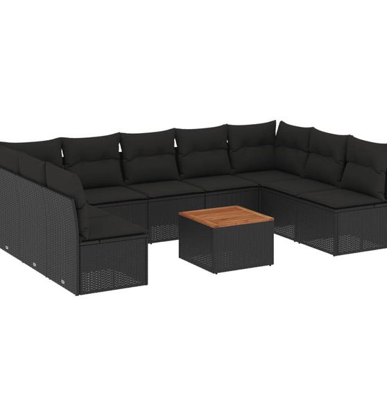 10-tlg. Garten-Sofagarnitur mit Kissen Schwarz Poly Rattan