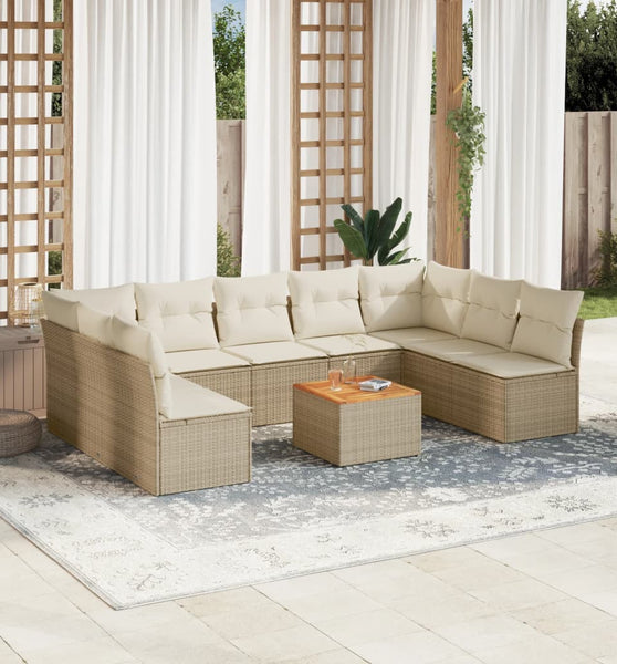 10-tlg. Garten-Sofagarnitur mit Kissen Beige Poly Rattan