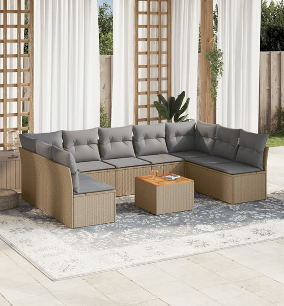 10-tlg. Garten-Sofagarnitur mit Kissen Beige Poly Rattan