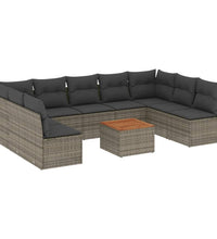 10-tlg. Garten-Sofagarnitur mit Kissen Grau Poly Rattan