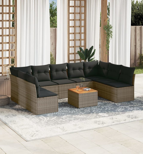 10-tlg. Garten-Sofagarnitur mit Kissen Grau Poly Rattan