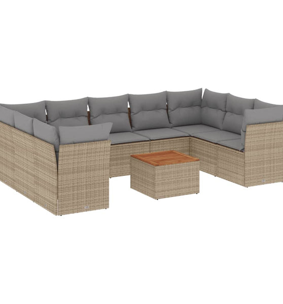10-tlg. Garten-Sofagarnitur mit Kissen Beige Poly Rattan