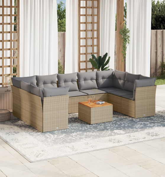 10-tlg. Garten-Sofagarnitur mit Kissen Beige Poly Rattan