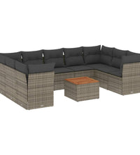 10-tlg. Garten-Sofagarnitur mit Kissen Grau Poly Rattan
