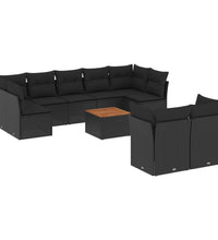 10-tlg. Garten-Sofagarnitur mit Kissen Schwarz Poly Rattan