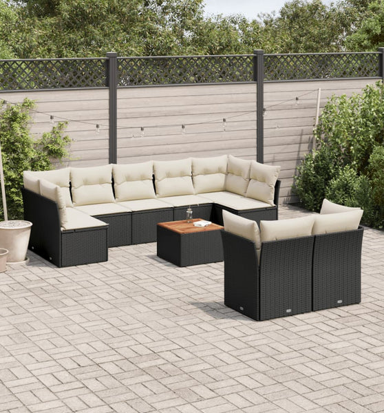 10-tlg. Garten-Sofagarnitur mit Kissen Schwarz Poly Rattan