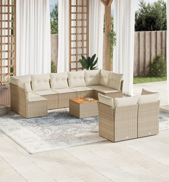 10-tlg. Garten-Sofagarnitur mit Kissen Beige Poly Rattan